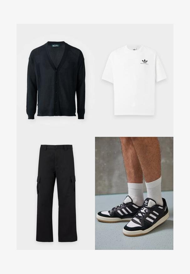 Fekete, könnyű kötött kardigán, hálós dizájnnal, V-nyakkivágással, bordás mandzsettákkal és gombos záródással. Zsebek vagy további díszítések nélkül.; Fehér pamut póló rövid ujjakkal, elöl fekete "BASKETBALL" logóval és ikonikus háromcsíkos dizájnnal.; Fekete cargo nadrág egyenes szárú kialakítással. Tartós anyagból készült, két oldalzsebbel, tépőzáras fedéllel és gombos zipzárral.; Fekete-fehér tornacipők velúr és bőr felsőrésszel, három fehér csíkkal, perforált orral és gumi talppal.