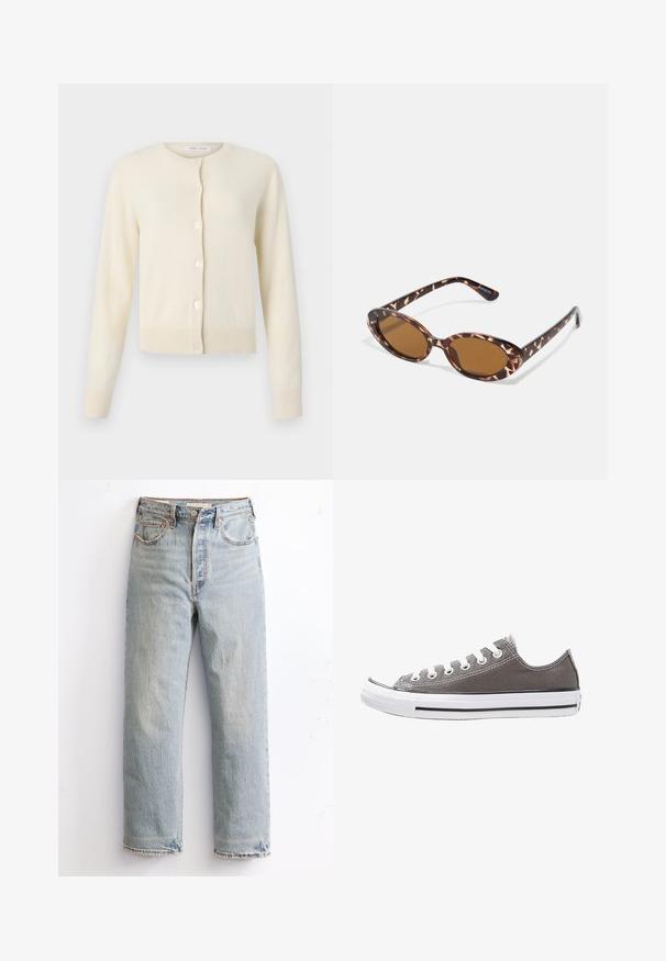 Cardigan de cor creme feito de um tecido suave, com decote redondo, mangas longas e seis fechos de botão à frente.; T-shirt branca de manga curta, gola redonda, feita de tecido de algodão suave e liso, com uma bainha reta e detalhes mínimos. Design simples e versátil.; Jeans de denim azul claro com um design de perna reta, apresentando uma bainha desgastada, remaches de cobre e um estilo clássico de cinco bolsos.; Sapatilha de lona cinza com sola de borracha branca, risca preta e ilhós de metal. Apresenta bico arredondado, design baixo e tecido texturizado.; Óculos de sol em tartaruga com lentes ovais, com tonalidade castanha, hastes finas com padrão texturizado, estrutura leve em plástico.
