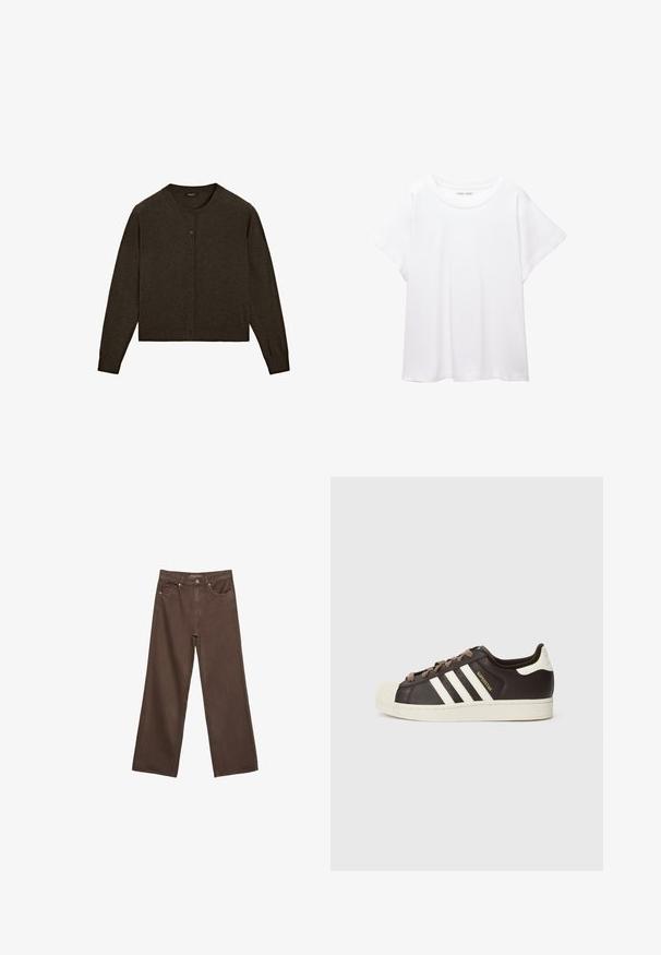 Tmavě hnědý kardigan vyrobený z měkkého materiálu, s kulatým výstřihem, zapínáním na knoflíky, dlouhými rukávy a zkráceným lemem.; Bílý tričko vyrobené z měkké, lehké tkaniny. Má kulatý výstřih a krátké, široké rukávy s uvolněným střihem. Bez viditelných vzorů.; Hnědé džíny s širokými nohavicemi vyrobené z denimu, s vysokým pasem, předními kapsami a klasickým zapínáním na knoflík. Hladká textura s jemným švem.; Nízký teniska Adidas Superstar z tmavě hnědé kůže s krémovou špičkou, bílými pruhy a nápisem "Superstar" na boku.