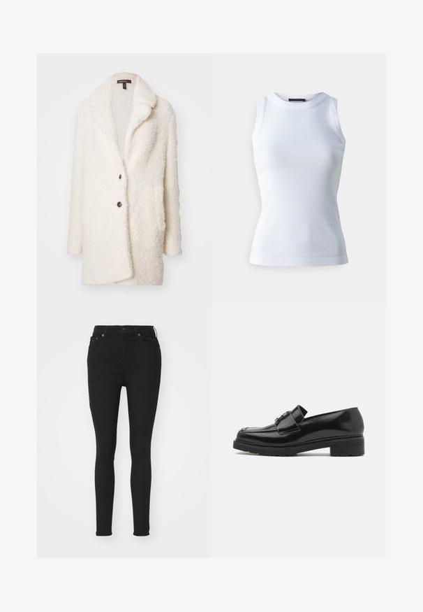 Cream-colored, textured plush coat with a notched collar, two buttons, and side pockets, featuring a soft interior lining.; White sleeveless top made of ribbed fabric, featuring a round neckline and a fitted silhouette. Smooth texture, no visible patterns or accents.; Black skinny jeans with a high waist, made of denim, featuring five pockets, belt loops, and a smooth texture. No visible patterns or accents.; Black patent leather loafers with a rounded toe, decorative strap, and silver hardware detail on the front. Square heel and textured sole.