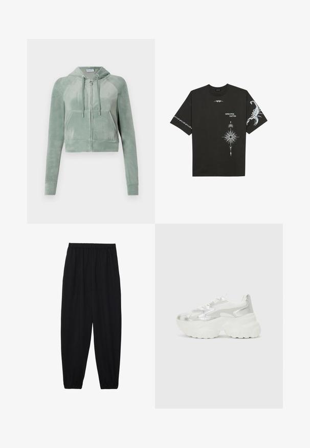 Iškirpta suknelė iš prislopinto žalia velūro, su užtrauktuką priekyje, reguliuojamomis raištelėmis ir dviem priekinėmis kišenėmis. Lygus paviršius su logotipo detale.; Juodas medvilnės marškinėliai su baltais grafikos spaudiniais, įskaitant skorpioną ir abstrakčius dizainus. Trumpomis rankovėmis; apvaliu iškirpimu.; Juodi, lengvi kelnių su elastinga juosmens juosta ir surinktais kulkšniais. Audinys yra lygus ir turi atsipalaidavusį, siaurėjantį dizainą.; Sidabriniai sportbačiai su tekstūriniu tinkliniu viršumi ir iššokančiomis akcentais, turintys masyvų baltą pado ir raištelių užsegimą.