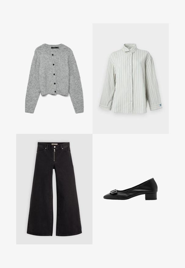 Grijze gebreide cardigan met een ronde halslijn en lange mouwen, voorzien van zwarte knopen aan de voorkant en een cropped ontwerp. Zachte textuur.; Witte overhemdbloes met blauwe verticale strepen, lange mouwen, klassieke kraag en klein hartdetail op de linkermouw.; Wijdvallende jeans van zwarte denim met een ritssluiting aan de voorkant, vijf zakken en subtiele stikdetails. Soepele textuur en casual stijl.; Zwarte leren pump met een spitse neus, een kleine blokhak en decoratieve gespdetails op de wreef. Soepele textuur en eenvoudig ontwerp.