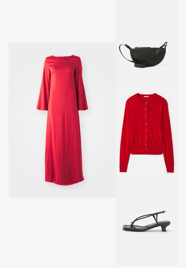 Cárdigan rojo con mangas largas, escote redondo y ocho botones a juego. Tejido suave con puños y dobladillo acanalados. Diseño ligero.; Largo vestido rojo en tejido liviano, con escote barco y amplias mangas acampanadas. Textura suave con una silueta recta.; Sandal de cuero negro con tiras finas, tacón bajo cuadrado y punta cuadrada. Presenta un cierre de hebilla y una textura suave.; Bolso de cuero negro cruzado con forma de media luna, superficie texturizada, cierre de cremallera dorado y una correa plana. Diseño compacto adecuado para lo esencial.