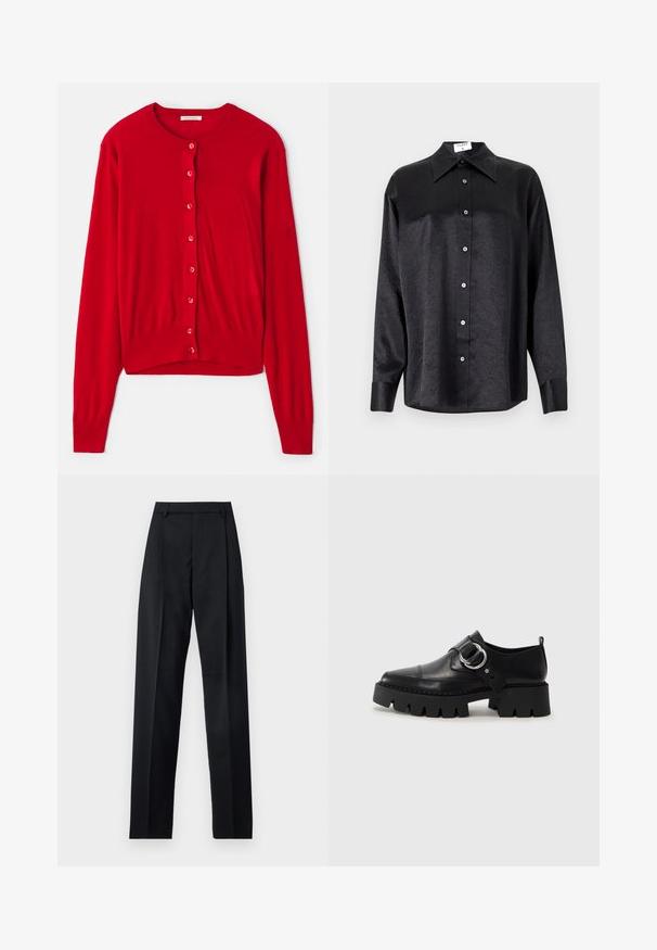 Red cardigan with long sleeves, round neckline, and eight matching buttons. Soft fabric with ribbed cuffs and hem. Lightweight design.; Black long-sleeve shirt with a collared neckline, featuring a crinkled texture, full button front, and cuffs. Made from a smooth fabric.; Black trousers made from smooth fabric featuring a high waist, wide legs, front pleats, and classic belt loops. No side pockets visible.; Black leather shoes with a chunky, ribbed sole, featuring a circular silver hardware accent and minimal stitching detail.