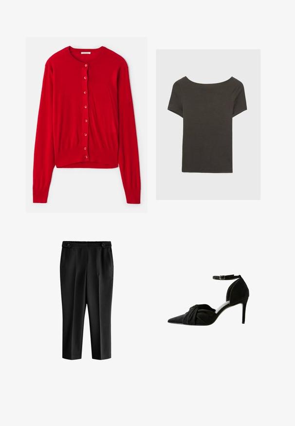 Röd cardigan med långa ärmar, rund halsringning och åtta matchande knappar. Mjuk tyg med ribbade mudd och fåll. Lättviktsdesign.; Mörkgrå kortärmad topp med båthals. Tillverkad av ribbad tyg, med avslappnad passform och ren fåll. Enkelt design, inga mönster.; Svarta korta byxor med en avslappnad passform, elastisk midja och två framfickor. Tyget har en slät textur med en något glänsande yta.; Svart mocka högklackad sko med spetsig tå, knuten detalj fram, ankelrem och en tunn stilettklack.