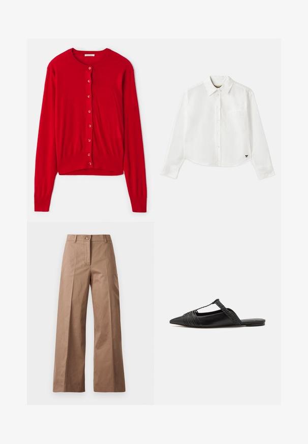 Piros kardigán hosszú ujjal, kerek nyakkivágással és nyolc azonos gombbal. Puha anyag ribbelt mandzsetta és szegély. Könnyű kivitel.; Fehér, rövidített hosszú ujjú, pamut ing. Gombos elülső résszel, mellzsebbel és egy kis fekete logóval a bal alsó részen.; Barna, bőszárú nadrág sima anyagból, elülső gombos zárással, két elülső zsebbel és tiszta, szabott vonalakkal.; Fekete bőr slingback cipő hegyes orral, szőtt díszítéssel és redőzött felső dizájnnal. Lapos talp minimális hardverrel.