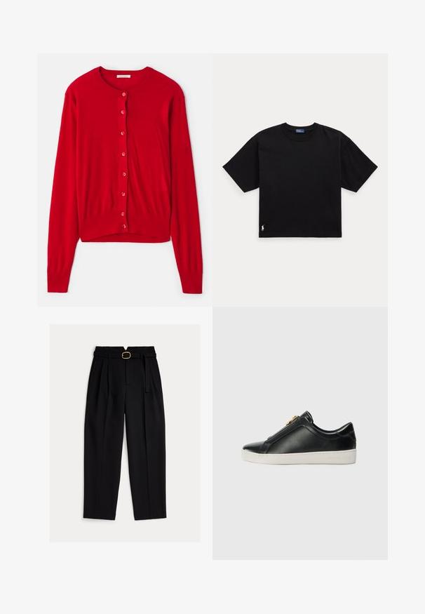 Rode cardigan met lange mouwen, ronde halslijn en acht bijpassende knopen. Zachte stof met geribbelde manchetten en zoom. Lichtgewicht ontwerp.; Zwarte katoenen T-shirt met korte mouwen, ronde hals en een klein wit logo op de linker benedenkant. Klassieke, rechte pasvorm met minimale details.; Zwarte, hooggestemde broek met een tailleband met riem, geplooide voorkant en wijd uitlopende pijpen. Gemaakt van gladde stof met een klassieke snit.; Zwarte leren instapschoenen met een verhoogde naad, zilveren hardware-detail op de bovenkant en een witte rubberen zool met reliëfbranding.