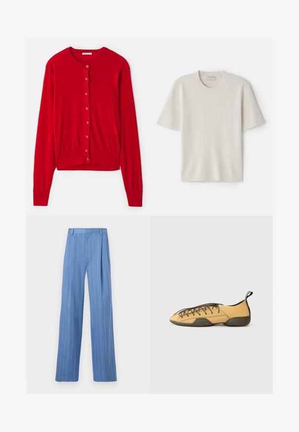 Červený kardigán s dlhými rukávmi, okrúhlym výstrihom a ôsmimi zladenými gombíkmi. Mäkká tkanina s rebrovanými manžetami a lemom. Ľahký dizajn.; Krémové tričko s krátkym rukávom a okrúhlym výstrihom, vyrobené z mäkkého materiálu, s rovnými líniami a minimálnym zdobením.; Svetlomodré široké nohavice s vertikálnymi bielymi pruhmi. Vyrobené z hladkého materiálu, s predným záhybom a jednoduchým dizajnom pásu.; Žlté zamakové šnurovacie topánky s tmavozelenou gumovou podrážkou a pätkovou poutkou, zobrazené zboku na svetlosivom pozadí.