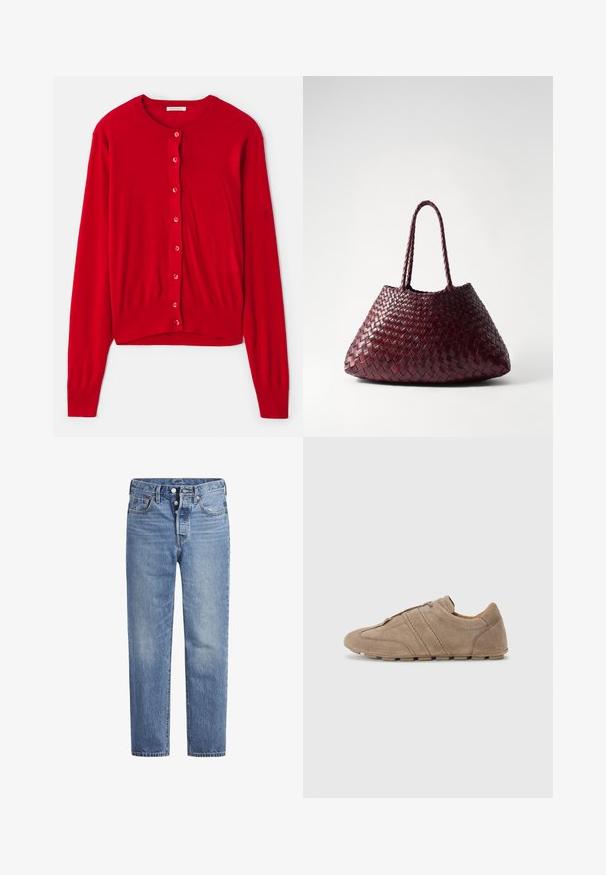Rode cardigan met lange mouwen, ronde halslijn en acht bijpassende knopen. Zachte stof met geribbelde manchetten en zoom. Lichtgewicht ontwerp.; Effen witte T-shirt met korte mouwen en een ronde hals, met een slim fit, vlak weergegeven tegen een witte achtergrond.; Lichtblauwe spijkerbroek met een rechte snit, vijf zakken en een knoopsluiting. Heeft subtiele vervaging en oranje stikselaccenten.; Beige suède schoenen met een lage profiel, voorzien van gestikte lijnen en een gestructureerd oppervlak, aangevuld met rubberen traction buitenzolen.; DRAGON DIFFUSION SANTA CROCE BIG - Handtas - bordo