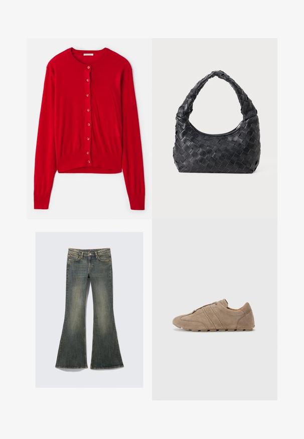 Cardigan rosso con maniche lunghe, scollatura rotonda e otto bottoni abbinati. Tessuto morbido con polsini e orlo a costine. Design leggero.; T-shirt bianca a maniche corte e scollo rotondo con vestibilità slim, esposta piatta su uno sfondo bianco.; Jeans in denim a gamba svasata di colore blu sbiadito con un classico design a cinque tasche, caratterizzati da una leggera texture e cuciture visibili.; Scarpe in suede beige a profilo basso, con linee cucite e una superficie testurizzata, completate da suole in gomma antiscivolo.; Borsa a spalla intrecciata in pelle nera con manico rotondo e corpo a forma di mezzaluna su sfondo semplice.