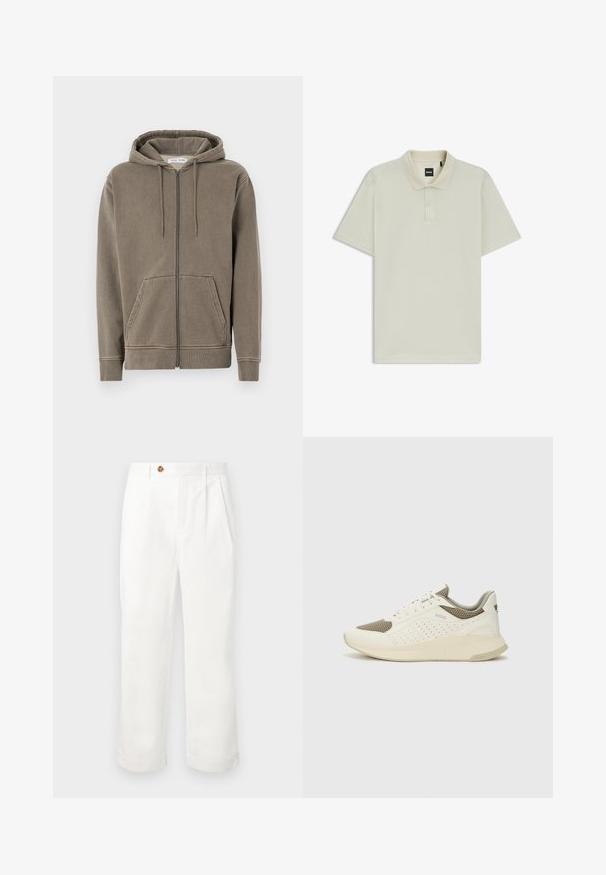 Zip-up hoodie in muted olive green, made of soft fabric. Features a drawstring hood, front pockets, and ribbed cuffs. Simple design.; Light beige polo shirt made of textured fabric. Features a classic collar and three-button placket. Short sleeves with a straight hem.; White cotton trousers with a straight cut, featuring two front pleats, a single button closure, and side pockets. Smooth texture.; White and light beige athletic sneaker, featuring a mesh upper, perforated detailing, and a textured midsole with branding on the heel.