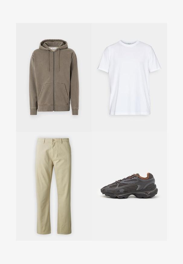 Uždarymo gobtuvėlis, neryškiai alyvuogių žalia spalva, pagamintas iš minkštos medžiagos. Yra reguliuojamas gobtuvas, priekinės kišenės ir guminiai rankogaliai. Paprastas dizainas.; Balta medvilnė marškinėliai su trumpos rankovėmis, apvali iškirptė ir laisvas kirpimas. Yra minimalistinio dizaino, be raštų ar akcentų.; Bežiniai medvilniniai kelnės su tiesiais blauzdomis, priekyje su mygtukų uždarymu ir diržo kilpomis. Lygus paviršius, nėra matomų raštų ar akcentų.; Lacoste sportbačiai tamsiai pilki, pagaminti iš tinklinės ir sintetinių medžiagų, su tekstūruotu padu ir rudomis detalėmis ant apykaklės bei prekės ženklo.