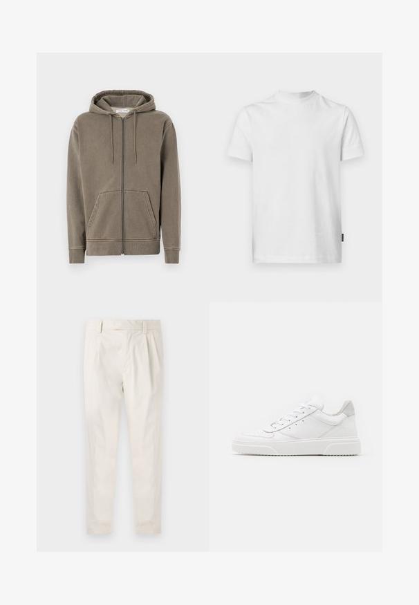 Felpa con zip di un verde oliva tenue, realizzata in tessuto morbido. Dotata di cappuccio con cordino, tasche frontali e polsini a coste. Design semplice.; T-shirt bianco a maniche corte realizzato in cotone. Presenta un collo rotondo e un taglio dritto, con un piccolo etichetta sul lato sinistro in basso.; Pantaloni bianchi plissettati con taglio su misura, caratterizzati da una texture liscia, passanti per la cintura e gambe affusolate. Nessuna tasca o motivo visibile.; Sneaker bianche in pelle con finitura liscia, punta arrotondata, lacci piatti e suola texturizzata. Accento in suede grigio sul tallone.