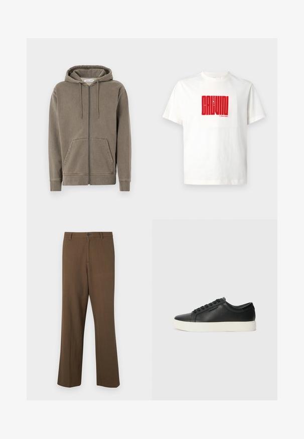 Tõmblukuga kapuutsiga t-särk tuhmrohelises värvitoonis, valmistatud pehmest kangast. Omab paelaga kapuutsi, esiseid taskuid ja soonikuid mansette. Lihtne disain.; Valge puuvillane T-särk, mille esit küljel on suur punane graafikatrükk "CALVIN KLEIN", ümmarguse kaelusega ja lühikeste varrukatega.; Pruunid sirged püksid, mis on valmistatud tekstuurist kangast, varustatud nööbiga sulgemise ja tavalise vöökohtaga, küljetaskute ning kohandatud õmblustega.; Must have perforatsiooniga mustad nahast tossud, ümar varvas ja lame valge kummist tald. Omab musti paelu ja diskreetset logo küljel.