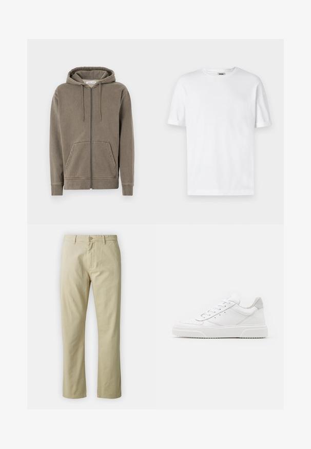 Zip-up hoodie in muted olive green, made of soft fabric. Features a drawstring hood, front pockets, and ribbed cuffs. Simple design.; White cotton t-shirt with a crew neck, short sleeves, and rolled cuffs; unadorned design, soft texture, and straight cut.; Beige cotton trousers with a straight-leg design, front button closure, and belt loops. Smooth texture, no visible patterns or accents.; White leather sneakers with a smooth finish, rounded toe, flat laces, and a textured sole. Grey suede accent at the heel.