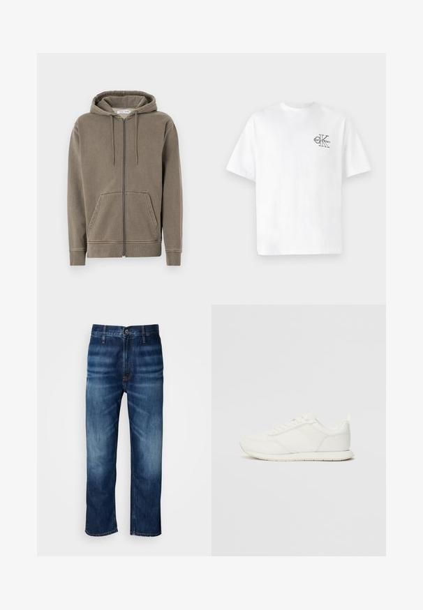 Zipzáras kapucnis pulóver tompa olajzöld színben, puha anyagból készült. Zsinóros kapucnival, elülső zsebekkel és bordás mandzsettákkal rendelkezik. Egyszerű dizájn.; Fehér pamut póló rövid ujjakkal, kerek nyakkal, a bal mellkas részen fekete CK logóval, normál szabású, sima tapintású.; Sötétkék, egyenes szárú farmernadrág enyhe kopással a comboknál és gombos záródással a deréknál, fehér háttér előtt.; Fehér sneaker hálós és szintetikus felsőrésszel, kerek orral, lapos fűzőkkel és textúrázott oldalsávval. Gumi talp hátul húzófüllel.