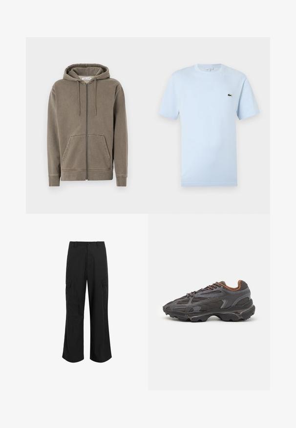 Zip-Hoodie in gedämpftem Olivgrün, aus weichem Stoff gefertigt. Verfügt über eine Kapuze mit Kordelzug, Fronttaschen und Rippbündchen. Einfaches Design.; Helles blaues T-Shirt mit kurzen Ärmeln aus weichem Baumwollmaterial. Verfügt über ein kleines grünes gesticktes Krokodil-Logo auf der Brust.; Schwarze Cargo-Hose aus leichtem Stoff, mit entspannter Passform, zwei großen Seitentaschen und Knopfverschluss.; Lacoste Sneaker in Dunkelgrau aus Mesh und Synthetikmaterial, mit einer strukturierten Sohle und braunen Akzenten am Kragen und Logo.