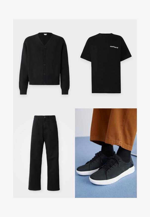 Black cardigan made of soft knit material, featuring a V-neck, button closure, and ribbed cuffs and hem. Simple, fitted design.; Black cotton t-shirt with short sleeves, crew neckline, and white "Carhartt" logo on the left chest. Smooth texture, minimal design.; Black denim pants with a straight cut, featuring front pockets, a zip fly, and a single top button. Textured fabric with a matte finish.; Black suede sneakers with white rubber soles, featuring lace-up design, textured accents, and subtle branding, paired with brown pants.