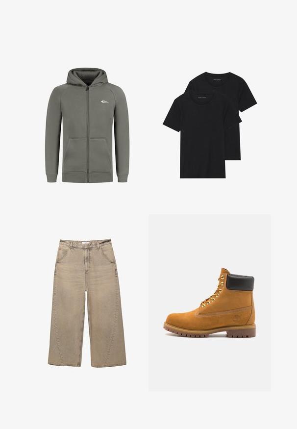 Felpa zip olive verde realizzata in morbido tessuto, con tasca a marsupio, polsini a costine e un piccolo logo bianco sul lato sinistro del petto.; Due magliette nere di cotone a maniche corte, con scollatura rotonda e una texture liscia, esposte impilate insieme.; PULL&BEAR MEGA BAGGY - Jeans baggy - light grey; Stivale alla caviglia in suede tan con collare imbottito nero, occhielli in metallo dorato, dettagli in cucitura bianca e suola in gomma robusta con battistrada pronunciato.