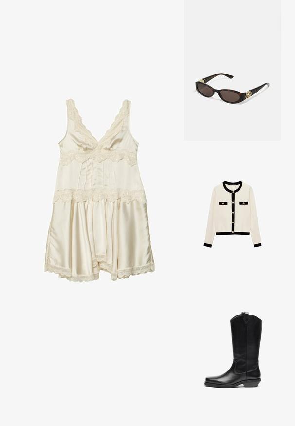 Creme cardigan med sort kant, rund halsudskæring og gyldne knapper. Har to sorte lommeakcenter foran. Blødt strikket materiale.; Creme satin natkjole med blondekant, der har v-hals, justerbare stropper, plisseret bodice og en flagrende nederdel med bølgede kanter.; Sort læder cowboystøvle til midt på læggen med spids tå, skrå hæl, trækrem øverst og minimal dekorativ syning.; Skildpaddemønster solbriller med aflange ovale linser, brun farve, guldlogo accenter på stængerne og slanke sorte arme.
