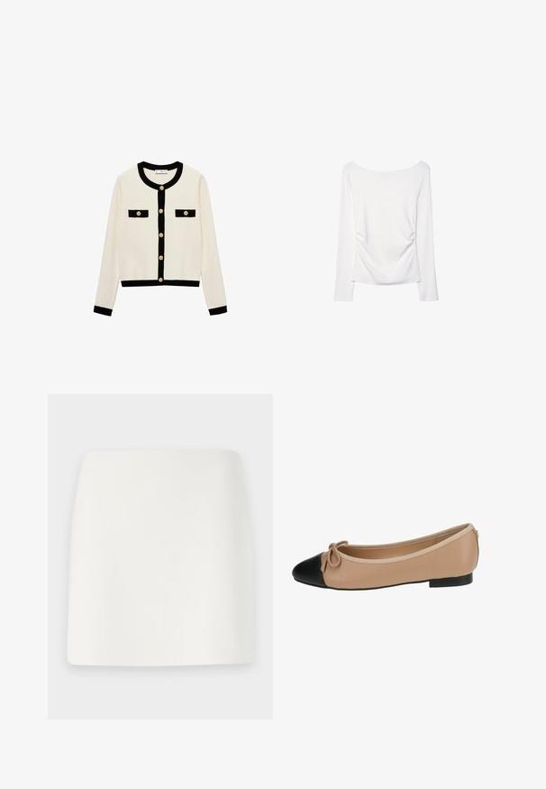 Cardigan crème avec bord noir, col rond et boutons dorés. Équipé de deux poches noires en accent à l'avant. Matière en tricot douce.; Haut blanc à manches longues avec un large décolleté et un détail froncé à l'arrière. Texture lisse, design ajusté.; Jupe mini blanche ajustée avec une texture lisse et des lignes épurées. Pas de motifs ou de quincaillerie visibles. Ourlet droit en bas.; Ballerines en cuir beige avec un bout noir. Présentent un détail de nœud à l'avant et une texture lisse. Design à profil bas avec une semelle en caoutchouc.