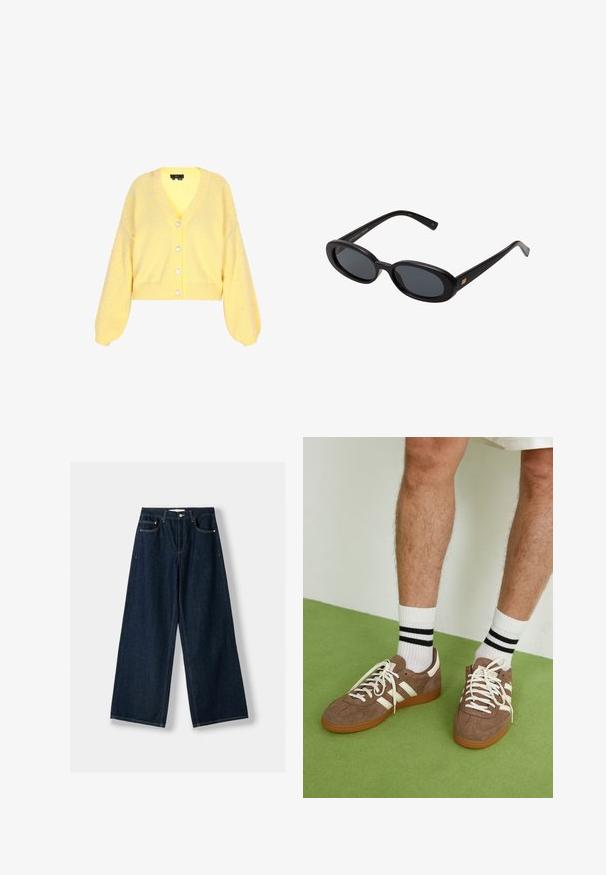 Yellow knitted cardigan with a v-neck, long balloon sleeves, and pearl-like embellishments on the shoulders. Five-button front closure.; Sleeveless sweater in dark brown, made of soft, textured fabric. Features a round neckline and ribbed edges at the armholes and hem.; Dark blue, wide-leg jeans made of denim. Features five pockets, a button and zipper closure, and contrast stitching details.; Brown suede sneakers with white accents and laces. Rubber gum sole. Worn with white socks featuring black stripes. Green textured flooring.; Black oversized sunglasses with oval lenses, smooth plastic frame, and gold accents on temple. Dark lenses provide sun protection.; Brown suede tote bag with a wide opening, elongated straps, and drawstring closure featuring metallic accents. Smooth texture with minimal seams.