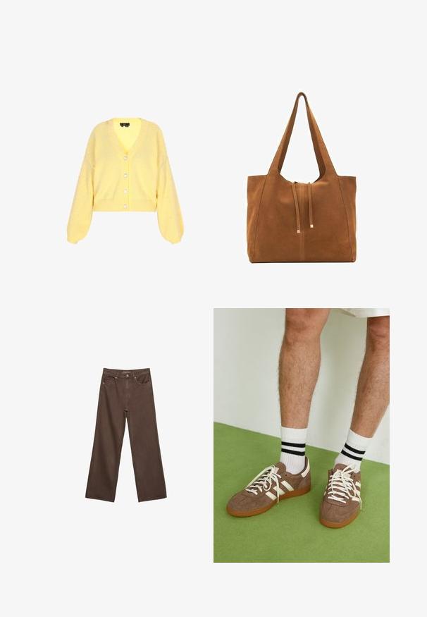 Žlutý pletený kardigan s výstřihem do V, dlouhými balónovými rukávy a perlovo podobnými ozdobami na ramenou. Zapínání na pět knoflíků vpředu.; Bezrukávový svetr v tmavě hnědé barvě, vyrobený z měkké, strukturované tkaniny. Má kulatý výstřih a žebrované okraje na výstřihu paží a dolním lemu.; Hnědé džíny s širokými nohavicemi vyrobené z denimu, s vysokým pasem, předními kapsami a klasickým zapínáním na knoflík. Hladká textura s jemným švem.; Hnědé semišové tenisky s bílými akcenty a tkaničkami. Gumová podrážka. Nošeny s bílými ponožkami s černými pruhy. Zelená strukturovaná podlaha.; Hnědá semišová taška přes rameno s širokým otvorem, protáhlými popruhy a stahovací šňůrkou s kovovými akcenty. Hladký povrch s minimem švů.