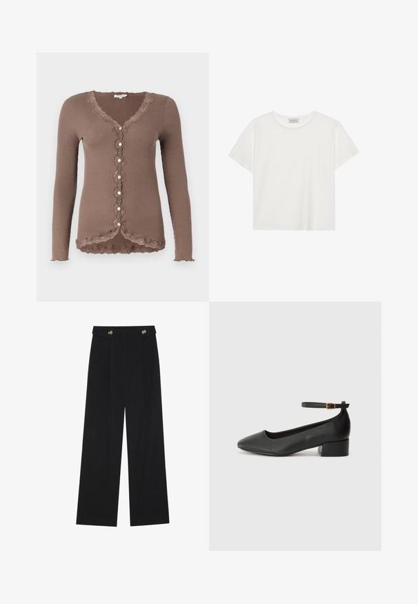 Brūna ribota kardigāna ar V-veida kaklu, mežģīņu apdari pogu priekšpusē un piecām apaļām pogām. Iezīmē garas piedurknes un viļņotas malas.; Balts īsām piedurknēm T-krekls, kas izgatavots no mīksta kokvilnas. Tam ir apaļš izgriezums un brīvs piegriezums. Tīrs dizains bez redzamām rakstiem vai akcentiem.; Melnas platās bikses ar augstu jostasvietu, pogu detaļām uz jostas un priekšējām krokām.; Melnas ādas sūkņi ar smailu purngalu un zemu bloku papēdi. Iezīmēts ar potītes siksniņu ar zelta krāsas sprādzi. Gluda tekstūra.