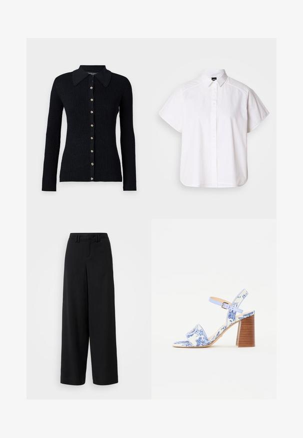 Svart ribbestrikket cardigan med lange ermer, krage og gullknapper foran. Laget av teksturert strikket stoff.; Hvit kortermet skjorte med knapper, spiss krage og buet skjortekant. Laget av bomull med en glatt tekstur og uten synlige mønstre.; Sorte brede bukser laget av glatt stoff, med flat frontdesign, plisserte detaljer og beltehemper i midjen.; Blå blomstermønstret sandal med firkantet tå, bred stropp og justerbar ankelstropp, med en teksturert treblokkhelt.