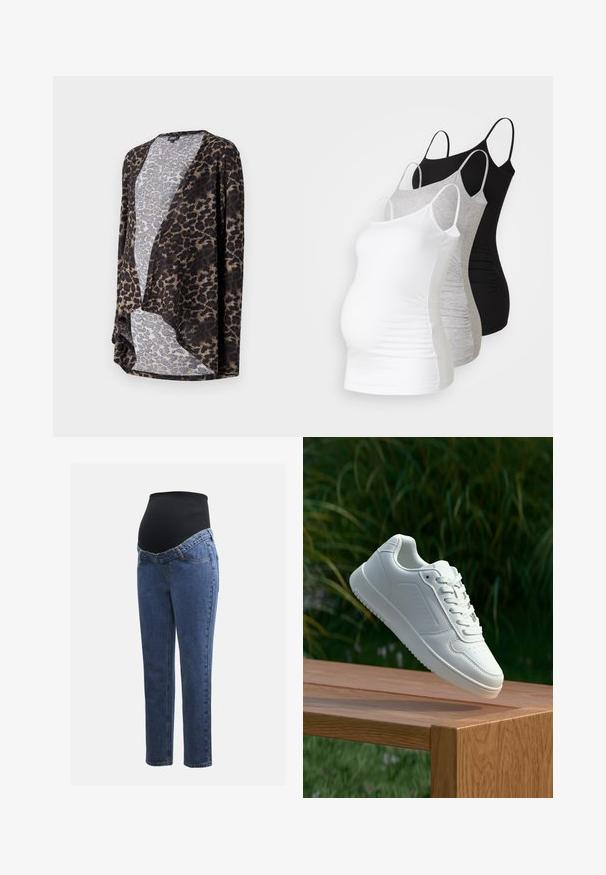 Lepardo raštuotas kardiganas iš minkštos medžiagos, turintis atvirą priekinę dalį, besileidžiančią formą ir kontrastingas rudos bei pilkos spalvas.; Trys nėštumo marškiniai be rankovių – balti, pilki ir juodi. Tampri medžiaga su reguliuojamomis petnešėlėmis ir susiraukšlėjusiomis šoninėmis siūlėmis, užtikrinančiomis komfortą.; Nėštumo džinsai su mėlynos džinsinės medžiagos kojomis ir juodu elastingu pilvo skydeliu, skirtu palaikyti ir uždengti augantį pilvuką.; Balti sneakeriai su lygia sintetine viršutine dalimi, perforuota pirštų zona, plokščiomis raištelėmis ir tekstūruotu padu, padėti ant medinės paviršiaus.