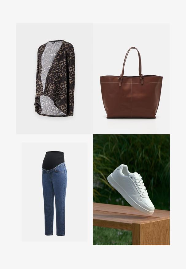 Cardigan cu imprimeu de leopard dintr-un material moale, cu un decolteu deschis, formă fluidă și tonuri contrastante de maro și gri.; Tricou cu mânecă lungă în imprimeu leopard, având guler rotund și material moale. Culoarele principale sunt negru și maro, cu accente bej deschis.; Jeans de maternitate cu picioare din denim albastru și un panou abdominal elastic negru, conceput pentru a susține și a acoperi o burtă în creștere.; Sneaker alb cu un upper sintetic neted, cu vârf perforat, șireturi plate și o talpă texturată, expus pe o suprafață de lemn.; Geantă de tote din piele maro cu mânere duble, dotată cu cusături contrastante și un design spațios, potrivită pentru utilizarea zilnică.