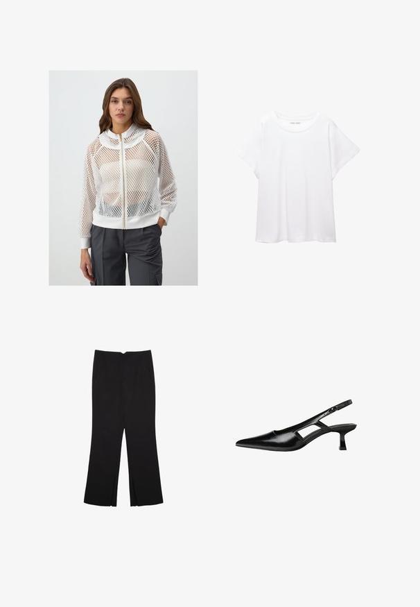 Weiße Netz-Bomberjacke mit gewelltem Kragen, gerippten Bündchen und figurnahem Saum; verfügt über einen goldenen Reißverschluss und eine leichte Textur.; Weißes T-Shirt aus weichem, leichtem Stoff. Mit runder Halslinie und kurzen, weit geschnittenen Ärmeln für einen lässigen Sitz. Keine sichtbaren Muster.; Schwarze Hose mit geradem Schnitt, ausgestattet mit Fronttaschen und Seitenschlitzen am Saum. Hergestellt aus weichem, glattem Stoff. Geeignet für verschiedene Anlässe.; Schwarze Lackleder-Slingback-High Heels mit spitzer Zehenform, ausgeschnittenem Seitendesign und kleinem Blockabsatz. Glatte Textur mit minimalen Akzenten.