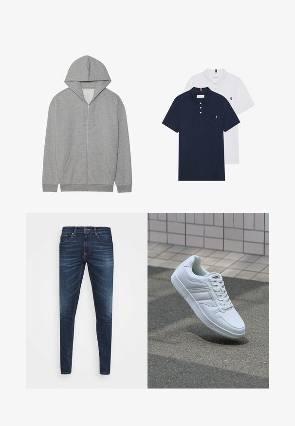 Felpa grigia con zip, dotata di un ampio cappuccio, tasche frontali e polsini a coste. Realizzata in morbido tessuto testurizzato con una vestibilità rilassata.; Due polo shirt: uno blu navy e uno bianco, entrambi con un piccolo accento rosso, bianco e blu sulla tasca del petto e sul colletto.; Jeans in denim blu scuro con vestibilità slim, leggero sbiadito, cinque tasche e chiusura con bottone in metallo. Dettagli cuciti in un colore a contrasto.; Sneaker sportivo bianco con tomaia in pelle liscia, chiusura con lacci, punta perforata e suola decorata. Design minimalista con tre strisce laterali.