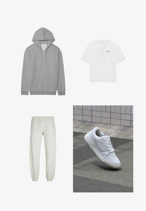 Sweat-shirt zippé gris avec une grande capuche, poches avant et poignets côtelés. Fabriqué en tissu doux et texturé avec une coupe décontractée.; T-shirt en coton blanc à manches courtes, avec une impression à l'avant sur laquelle est inscrit "Prenez votre envol vers la tranquillité" en noir et vert.; Pantalons de survêtement blancs en tissu doux, avec une taille et des poignets élastiques, présentant une texture lisse et un design ample.; Baskets en cuir blanc avec des côtés perforés, des accents texturés, des lacets plats et un talon gris contrasté. Présente une semelle légèrement surélevée.