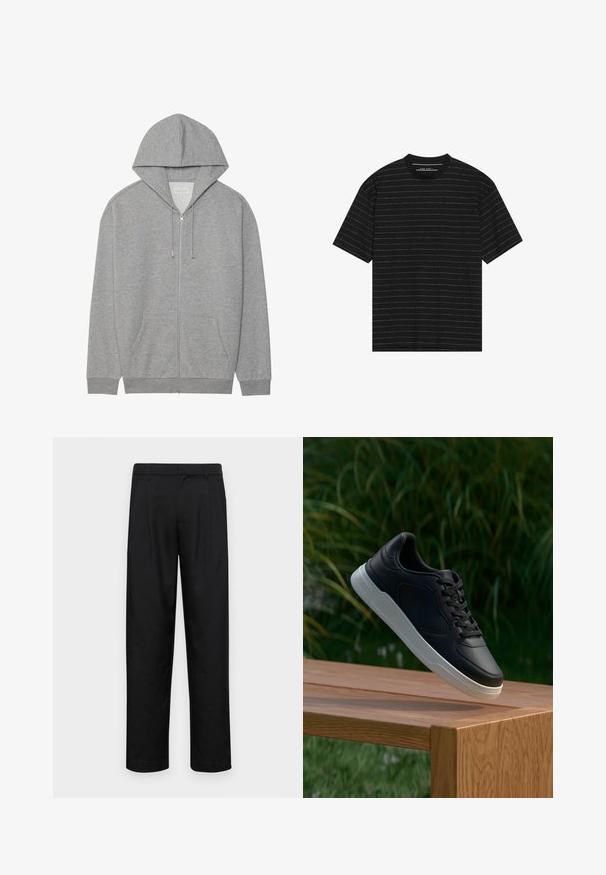 Γκρι φούτερ με φερμουάρ και μεγάλο καπέλο, μπροστινές τσέπες και ριμπ μανσέτες. Φτιαγμένο από μαλακό, υφασμάτινο υλικό με άνετη εφαρμογή.; Μαύρο κοντομάνικο μπλουζάκι με λεπτές λευκές οριζόντιες ρίγες. Φτιαγμένο από μαλακό ύφασμα, με στρογγυλή λαιμόκοψη και άνετη εφαρμογή.; Μαύρο παντελόνι από λείο ύφασμα, με ίσια γραμμή, δύο μπροστινές πιέτες και κανονική μέση με θηλιές ζώνης.; Μαύρο αθλητικό παπούτσι με λευκή σόλα κρεμασμένο πάνω σε ξύλινη πάγκο, πράσινη βλάστηση στον θολό φόντο.