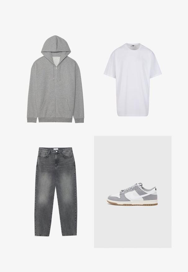 Grijze zip-up hoodie met een grote capuchon, voorzakken en geribbelde manchetten. Gemaakt van zacht, textuurstof met een relaxte pasvorm.; Witte katoenen t-shirt met korte mouwen, ronde hals, relaxte pasvorm en zonder zichtbare logo's of patronen. Gladde textuur en minimalistisch ontwerp.; Hoge taille, losvallende jeans van vervaagd zwart denim. Beschikt over vijf zakken, riemlussen en een schone, rechte broekspijp ontwerp.; Grijze en witte sneaker met een bovenwerk van suede en leer, ronde neus, platte veters en een rubberen zool met een gumaccent.