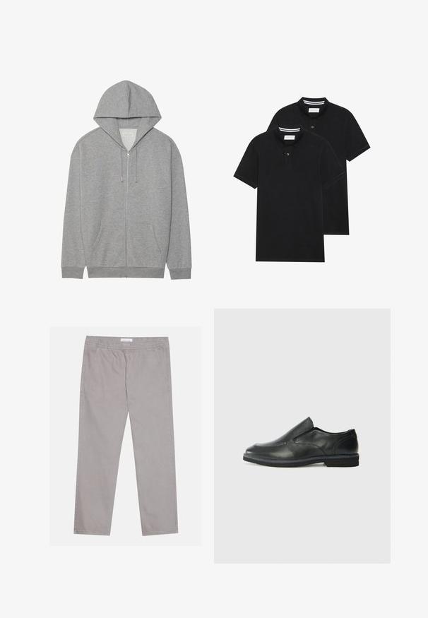 Γκρι φούτερ με φερμουάρ και μεγάλο καπέλο, μπροστινές τσέπες και ριμπ μανσέτες. Φτιαγμένο από μαλακό, υφασμάτινο υλικό με άνετη εφαρμογή.; Δύο μαύρα πόλο πουκάμισα, κοντομάνικα, από βαμβακερό υλικό, με κλασικό γιακά, πατιλέτα με δύο κουμπιά και λευκές ριγέ λεπτομέρειες μέσα στον γιακά.; Απαλά γκρι παντελόνια από βαμβάκι με ελαστική μέση, δύο πλαϊνές τσέπες, ευθεία γραμμή και λεία υφή. Απλή ραφή.; Μαύρο δερμάτινο παπούτσι χωρίς κορδόνια με λείο επάνω μέρος, ραφές, στρογγυλή μύτη και χαμηλό λάστιχο τακούνι. Η σόλα διαθέτει ελάχιστο σχέδιο.