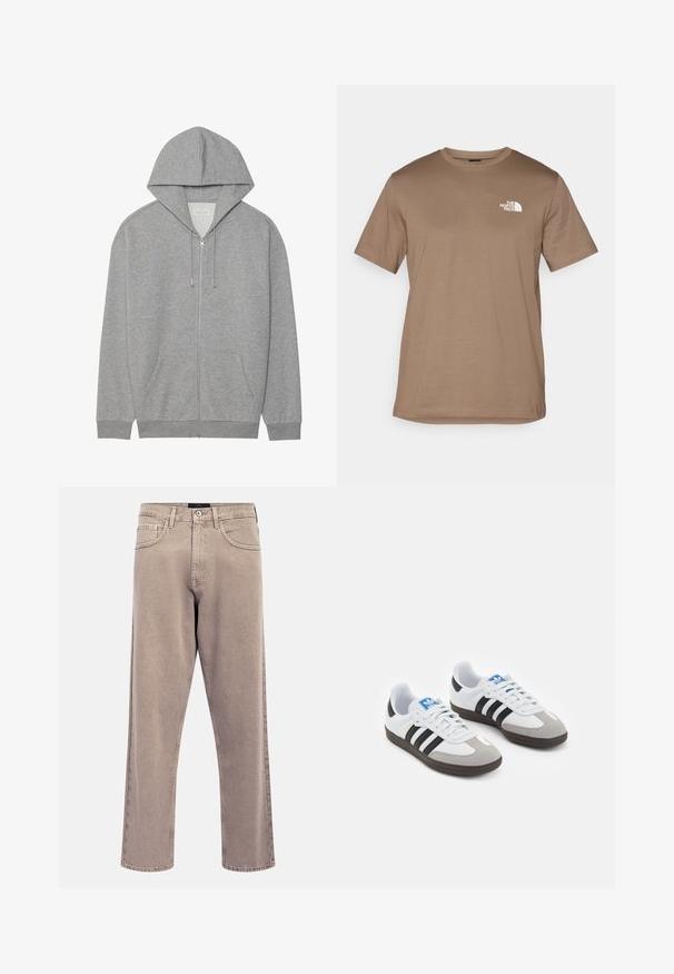 Harmaa vetoketjullinen huppari, jossa on suuri huppu, etutaskut ja ribbireunat. Valmistettu pehmeästä, teksturoidusta kankaasta rentoa istuvuutta varten.; Ruskea lyhythihainen T-paita, joka on valmistettu puuvillasta ja jossa on ribbireunallinen pyöreä kaula-aukko. Sisältää pienen valkoisen logon vasemmassa rintakappaleessa.; Vaaleanbeiget suora lahje -farkut, joissa on hieman haalistunut tekstuuri, viisipokkoinen muotoilu ja metallinen napin suljin. Korostetut saumausdetaljit.; Urheilukengät, joissa on valkoinen nahkainen päällinen, harmaa mokkanokka ja kolme mustaa raitaa. Ominaisuuksina sininen logo kielekkeessä ja kuvioitu kumipohja.