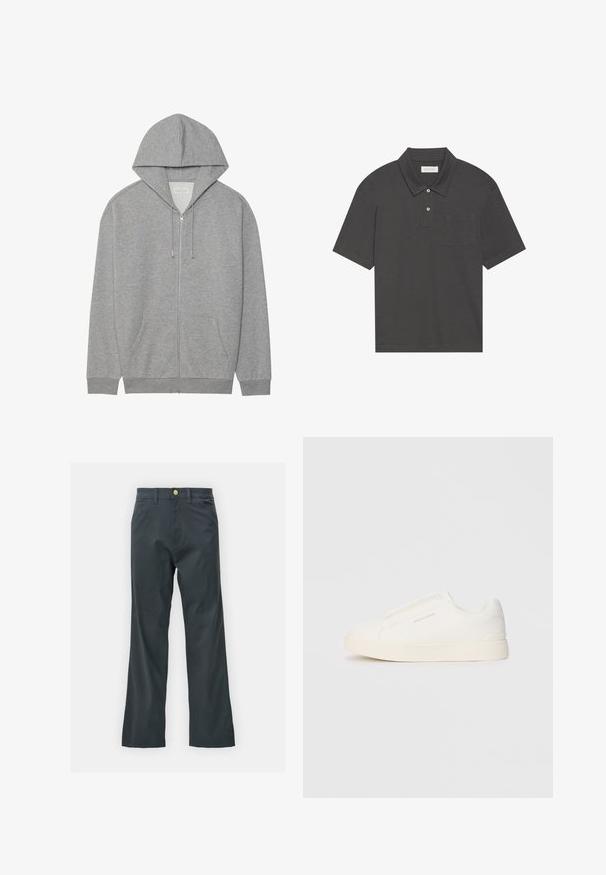Siva majica na zipper s velikom kapuljačom, prednjim džepovima i rebrastim manžetama. Izrađena od mekog, teksturiranog materijala s opuštenim krojem.; Tamnosivi polo majica s klasičnim ovratnikom, tri dugmeta na prednjem dijelu, kratkim rukavima i džepom na lijevoj strani grudi. Glatka tekstura tkanine.; Crne hlače s ravnim krojem, napravljene od tkanine s pamukom. Imaju metalnu dugmad za zatvaranje i bočne džepove. Nema vidljivih uzoraka.; Bijele slip-on tenisice s teksturiranom površinom, debelim đonom i minimalističkim dizajnom. Sadrže logo branda sa strane.