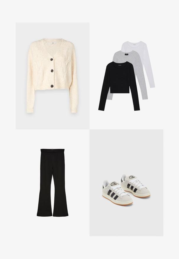 Cardigã cropped off-white feito de tecido de malha suave, com decote em V, padrão de tramas em corda e cinco botões pretos na frente.; Três camisetas de manga longa empilhadas: preta, cinza e branca. Cada uma tem um decote redondo e um design cropped, feitas de um tecido leve e suave.; Leggings pretos em flare feitos de um tecido elástico. Apresentam uma cintura larga e uma textura suave, com um silhueta ajustada que se alarga na bainha.; Tênis de camurça cinza com atacadores brancos, riscas pretas e uma sola de borracha branca. Apresenta um logótipo circular na língua e uma sola de borracha.