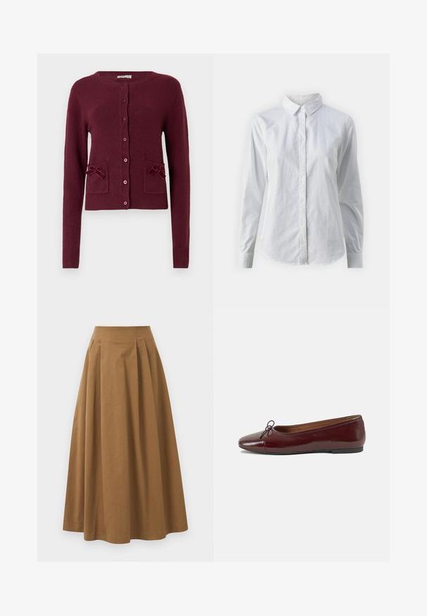 Bordo punane kardigan tekstuurse kangaga, pikkade varrukatega, ümmarguse kaelusega, ees nupud ja kaks taskut, mida kaunistavad lipsud.; Valge nööpidega särk, mis on valmistatud siledast puuvillast. Särgil on klassikaline krae, pikad varrukad ja kaarduv äär. Nöödid on väikesed ja valged.; Pruun puuvillane A-line seelik kõrge vöökohaga, millel on voldid ees ja sile tekstuur. Pika serva viimistlus on puhas ja lihtne.; Burgundi patendnahk kingad balletitüüpi, ümmarguse ninaosa, ees väike paelaaktsent ja madal must kummist tald. Sile tekstuur.
