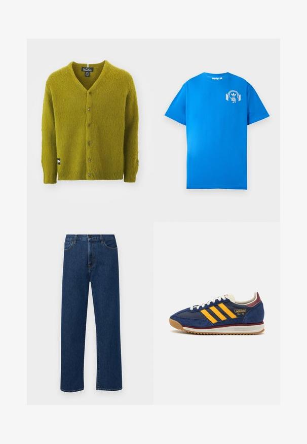 Manastash ABERDEEN KURTIGAN - Ζακέτα - pistachio; Μπλε βαμβακερό μπλουζάκι κοντομάνικο. Διαθέτει μια λευκή γραφιστική σχεδίαση στο μπροστινό μέρος, που απεικονίζει έναν χαρακτήρα με ακουστικά και μια αψίδα.; Σκούρο μπλε τζιν παντελόνι με ίσια γραμμή, με μπροστινές τσέπες και κλείσιμο με κουμπί, το οποίο προβάλλεται σε λευκό φόντο.; Ναυτικά σουέτ sneakers με κίτρινες ρίγες, λευκή κορδέλα και μπορντό λεπτομέρειες. Υφασμάτινη σόλα με αυλάκια για πρόσφυση. Λογότυπο της μάρκας στο πλάι.