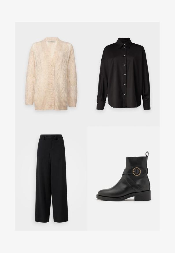 Beige knitted cardigan with a V-neck, textured cable pattern, button front closure, and long sleeves. Soft material and loose fit.; DRYKORN LYSILA - Button-down blouse - black; Black wide-leg trousers made of smooth fabric, featuring a flat-front design, pleated details, and belt loops at the waistband.; BOSS IRYNA BOOTIE - Platform ankle boots - black