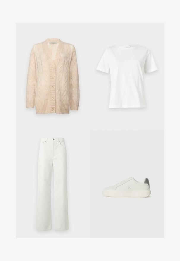 Beige strikket cardigan med V-hals, struktureret kabelmønster, knaplukning foran og lange ærmer. Blødt materiale og løs pasform.; Hvid bomulds t-shirt med korte ærmer, rund halsudskæring og en afslappet pasform. Glat tekstur, ingen mønstre eller accenter, minimalistisk design.; Samsøe Samsøe SHELLY - Jeans Relaxed Fit - clear cream; Hvide sneakers lavet af læder med en glat tekstur, forsynet med en sølvaccent på hælen, flad sål og minimalistisk design.