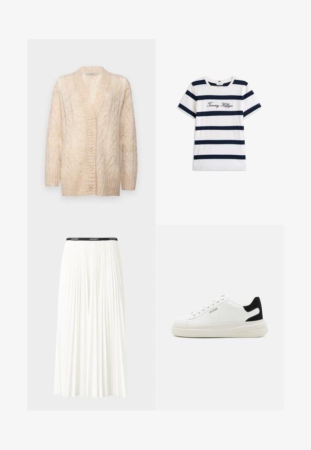 Beige strikket cardigan med V-hals, teksturert kabelmønster, knapper foran og lange ermer. Mykt materiale og løs passform.; Koftet laget av bomull har horisontale marineblå striper på hvit bakgrunn. "Tommy Hilfiger" brodert i kursiv på brystet. Rund hals.; Plissert hvit skjørt med en svart elastisk midje som har "LACOSTE"-logoen. Midjelengde design med myk tekstur.; Hvite lær sneakers med tykk hvit såle, svart semsket hælforsterkning og preget logo på siden. Snøresystem med seks hull.