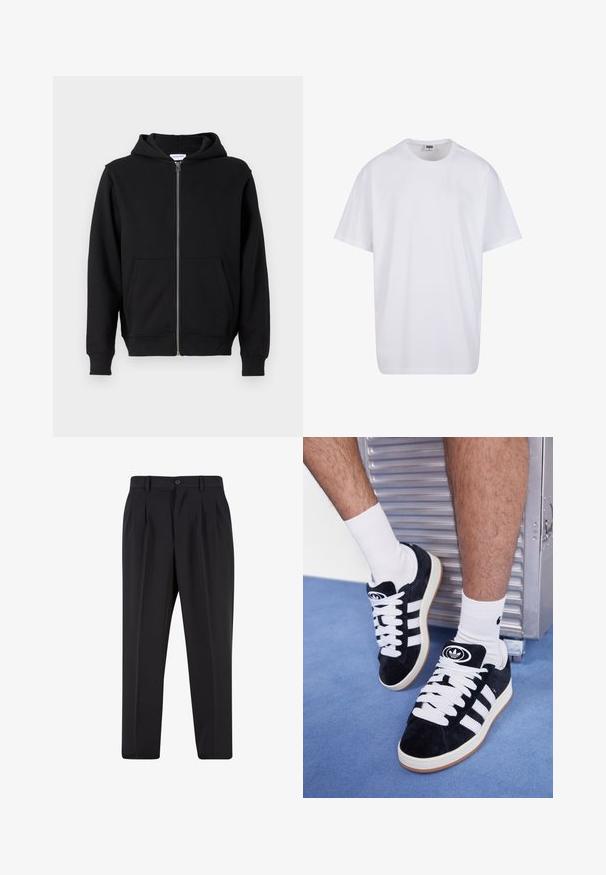 Felpa nera con zip realizzata in tessuto morbido, dotata di zip frontale, due ampie tasche e cappuccio regolabile con cordino. Design classico e semplice.; Maglietta bianca in cotone con maniche corte, scollatura rotonda, vestibilità comoda e senza loghi o motivi visibili. Texture liscia e design minimale.; Pantaloni neri con design a pieghe sul davanti, realizzati in tessuto morbido. Presentano una chiusura con bottone e passanti per cintura; vestibilità a gamba dritta.; Sneakers in suede nero con lacci bianchi e tre strisce bianche. Presentano un logo circolare nero sulla linguetta e una suola in gomma color gomma.