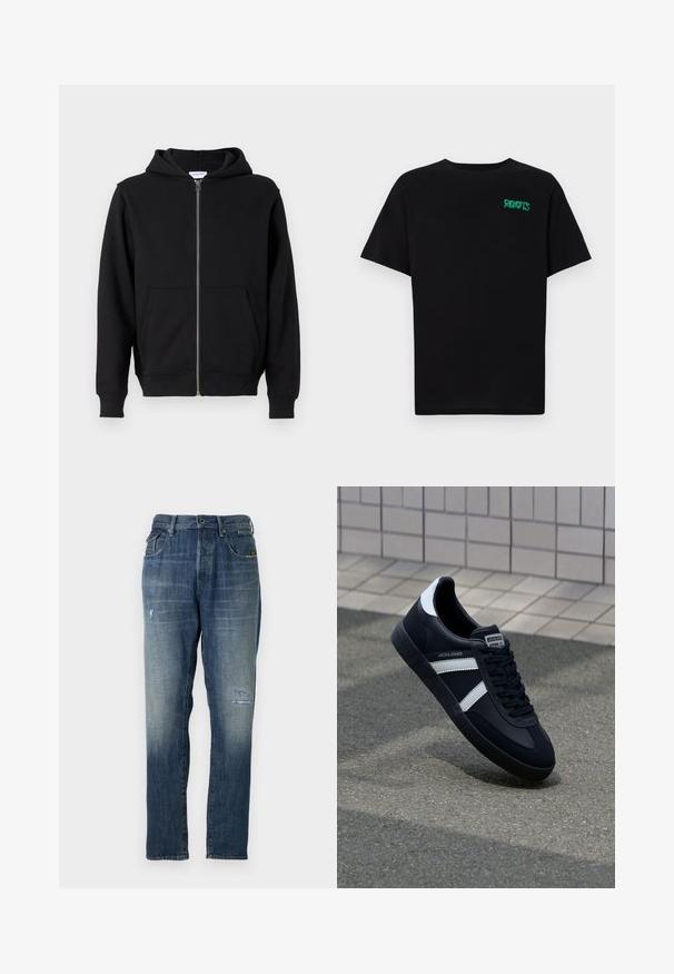 Melna kapucenze ar rāvējslēdzēju, izgatavota no mīksta auduma, ar priekšējo rāvējslēdzēju, divām lielām kabatām un kapuci ar auklu. Klasisks, vienkāršs dizains.; Melna kokvilnas t-kreka ar īsām piedurknēm. Uz priekšu ir zaļa "ROOTS" logo, apaļa kakla izgriezums un standarta piegriezums.; Džinsi no denima ar izbalinātu zilu krāsu, taisnas kājas dizainu, mērenu nolietojumu priekšpusē un klasisku piecu kabatu stilu.; Melnā ādas sporta apavi ar baltām svītrām, teksturēta gumijas zole un auklu aizdare. Iekļauj zīmola etiķeti uz mēles.