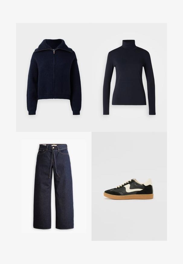 Tummansiniset vetoketjullinen neulepaita, jossa on korkea kaulus, pitkät hihat ja ribbireunukset sekä helma valkoista taustaa vasten.; Laivastonsininen kauluri pitkähihaisena puserona. Valmistettu pehmeästä kankaasta, jossa on tasainen pinta. Ominaisuuksiin kuuluu muotoiltu malli ja korkea kaulus ilman näkyviä saumoja.; Korkeavyötäröiset tummansiniset leveälahkeiset farkut, joissa on narunauhakuja, viisi taskua ja kontrastiväriset ompeluseikat.; Mustat mokka- ja nahkakengät, joissa on kermaisen valkoinen sivupainatus ja vaalea kermaisine kantapää. Varustettu beigeillä nauhoilla ja kumista valmistetulla ulkopohjalla.