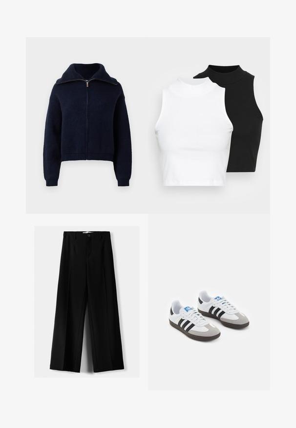 Navy blue zip-up sweater with a high collar, long sleeves, and ribbed cuffs and hem against a white background.; Two sleeveless ribbed turtleneck tops in black and white, featuring a fitted design and smooth texture, with cropped length.; Black wide-leg trousers made of lightweight fabric, featuring a front button closure and flat front, with neatly stitched hems.; Sport shoes with a white leather upper, gray suede toe, and three black stripes. Features a blue logo on the tongue and a textured rubber sole.