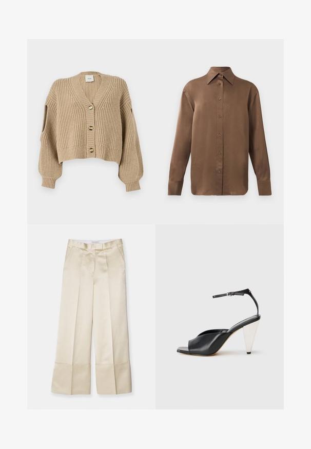 Beige knitted cardigan with a V-neck, front buttons, cropped length, and drop shoulders. Textured fabric with ribbed pattern and open sleeves.; Brown long-sleeve button-up shirt with pointed collar and cuffs, displayed against a plain white background.; Beige wide-leg trousers in smooth fabric with a high waistband, pleated front, and folded hem, featuring side pockets and a clean finish.; Black leather high heel sandal with open toe, asymmetrical design, ankle strap, and a metallic cone-shaped heel. Smooth texture throughout.